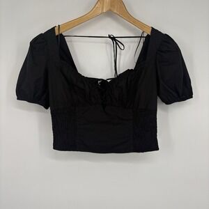 ASTR the Label Womens Cropped Puff Sleeve Top M Black Coquette Dark Fairy Go Out